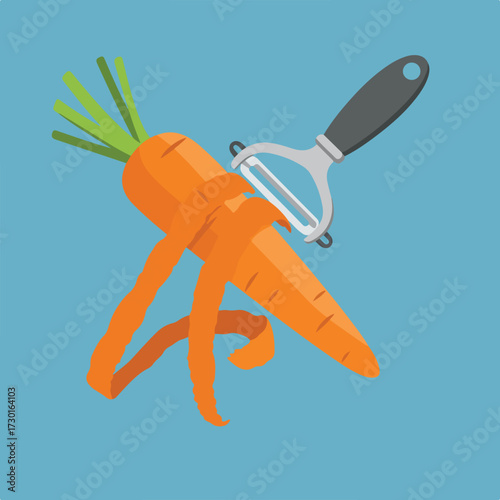 Cartoon carrot being peeled with a peeler against a blue background