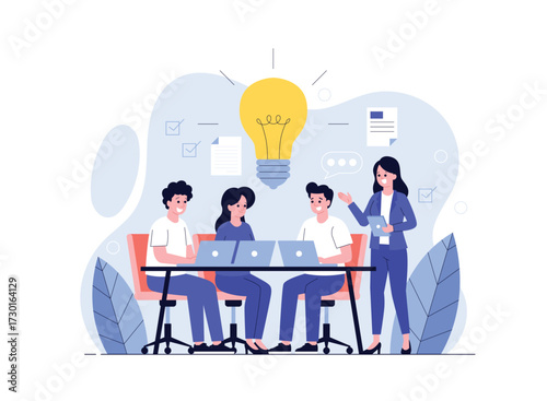 Business Team Brainstorming and Collaboration Flat Vector Illustration