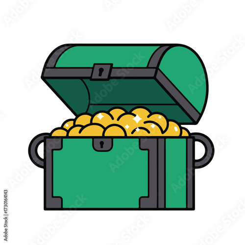 Cartoon treasure chest, green with gold coins, lid open and grey trim outlined in black