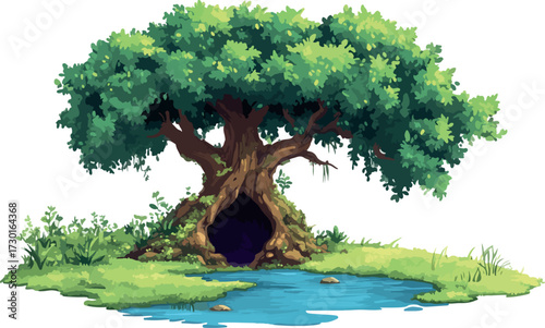 Enchanted ancient oak tree with a dark hollow entrance beside a tranquil blue pond