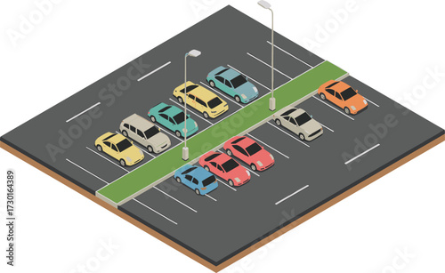 Isometric 3D illustration of busy urban road with cars, trucks, traffic, highway, billboards, street lights, transportation concept design