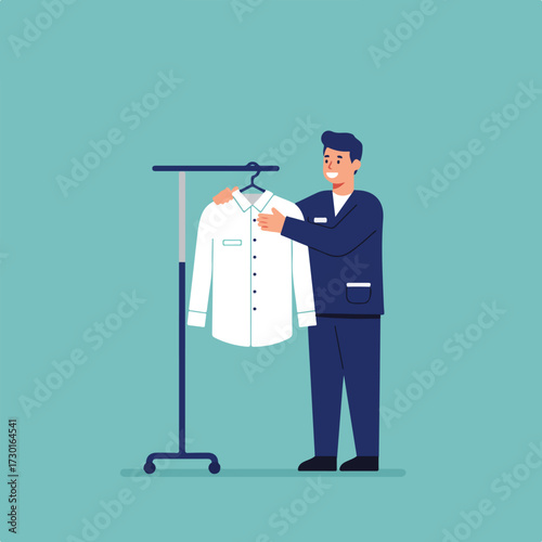 Cartoon worker checks white shirt on a rack against light blue background