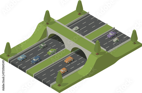 Isometric 3D illustration of highway overpass, modern bridge with cars, urban road infrastructure, traffic transportation, city development, road design
