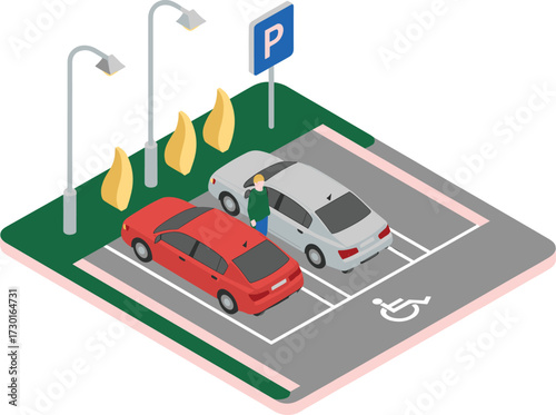 Isometric 3D illustration of modern city road with cars, red train, railway, urban transport, traffic system, public transportation design