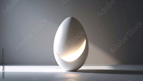 Illuminated egg-shaped sculpture with a cut-out design, softly lit from within, casting shadows