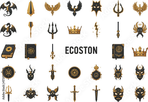 Set of fantasy heraldic elements golden vector icons of mythical creatures and weapons isolated on white background