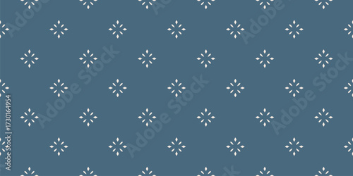 Elegant blue minimalist background. Vector geometric seamless pattern with small diamond shapes, shiny stars, flowers. Luxury vintage abstract texture. Simple minimal repeated design for decor, fabric