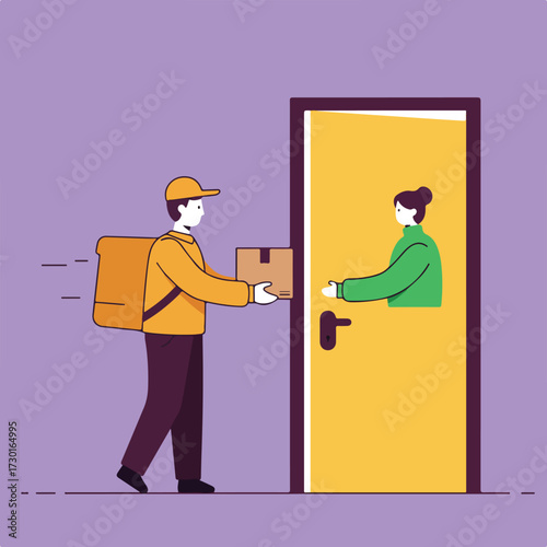 Cartoon delivery man gives box to woman at yellow door