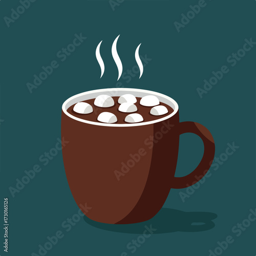 Steaming brown mug filled with hot chocolate and marshmallows on a dark teal backdrop