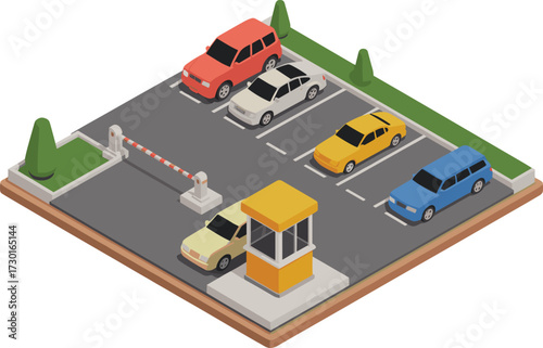 Isometric 3D illustration of modern parking lot, smart parking technology, car navigation system, GPS location, vehicle tracking, mobile app