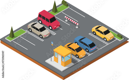 Isometric 3D illustration of modern parking lot, smart parking technology, car navigation system, GPS location, vehicle tracking, mobile app