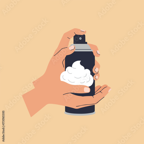 Hand holding dark can spraying shaving cream