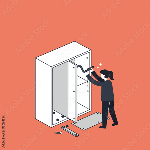 Flat vector illustration of a woman assembling a cabinet on an orange background