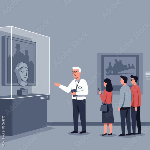 Art tour guide explains art exhibit to a small group in a museum/gallery