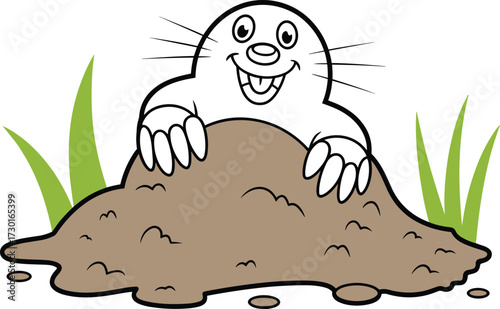 Cartoon mole on dirt mound, cheerful burrowing animal, outdoor nature scene, smiling character illustration, children’s insect art, playful wildlife design, educational content