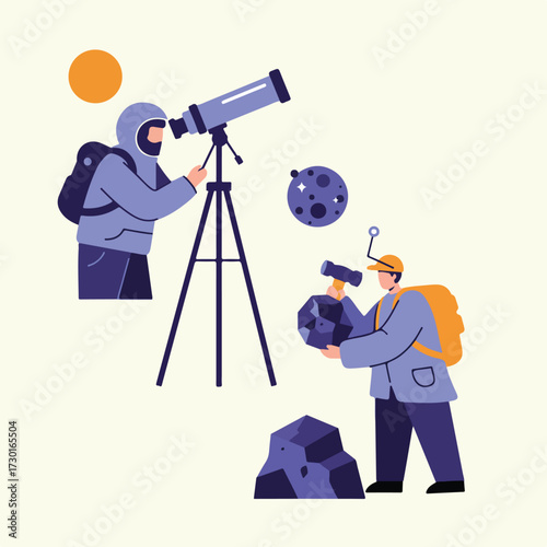 Two explorers, one with a telescope, the other with a hammer on an alien planet
