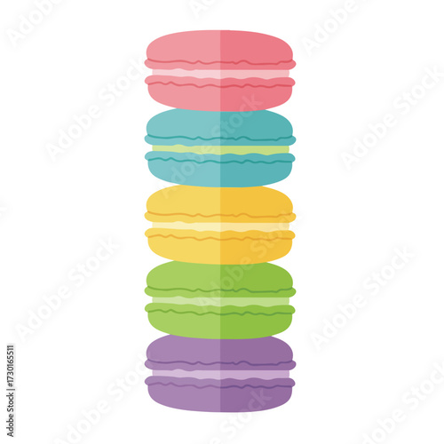 Stack of five colorful macarons, vertically aligned on a white background