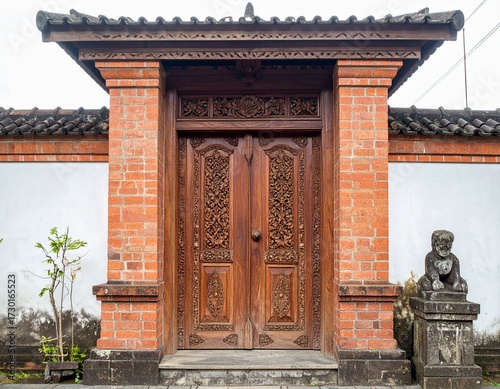 Traditional Balinese carved wooden door with brick wall