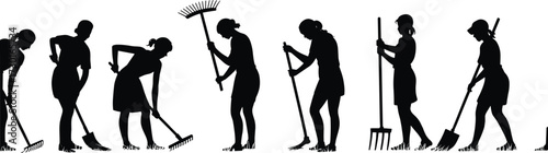 Gardening and cleaning silhouette, outdoor maintenance tasks, person with tools, manual labor illustration, household chore sequence, rake broom pitchfork, work effort concept