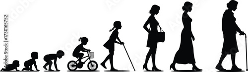 Human life stages silhouette, aging process illustration, childhood to elderly, growth concept art, developmental phases, educational design, timeline of life, generational journey