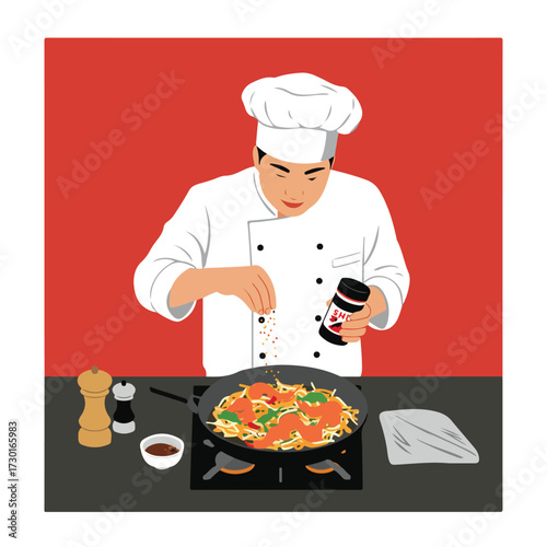 Chef seasoning food in a wok with condiments against a red background