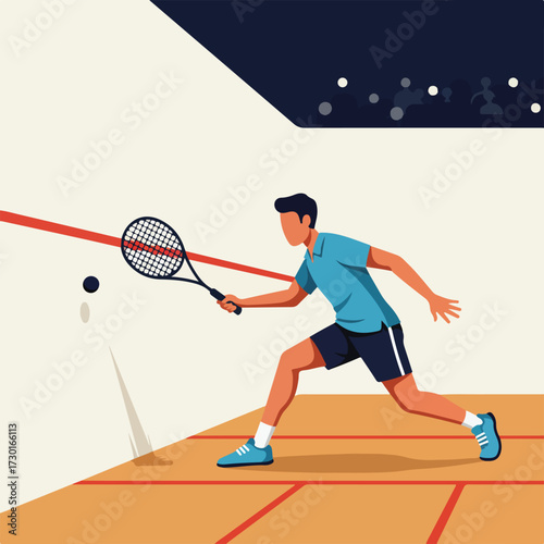 Squash game, man striking ball in an indoor court, audience in background