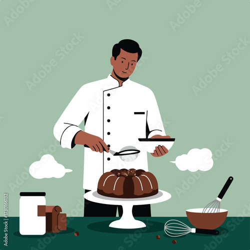 Chef dusting a chocolate bundt cake with powdered sugar, vector illustration