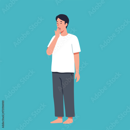 Figure yawning with hand to mouth, standing against a teal backdrop