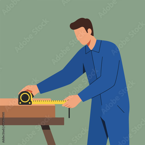 Man measures wood with tape. Plain style, with simple colors, olive backgroud