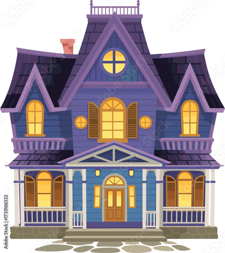 Victorian house illustration, cartoon mansion, purple architecture, gothic design, whimsical building, ornate structure, tower window, night lighting, fantasy home, vector art, storytelling scene