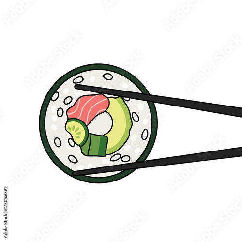 Overhead View of Sushi Roll with Salmon Avocado and Cucumber Topping Being Picked Up By Chopsticks on White Background