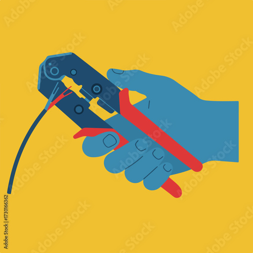 Blue hand holding wire crimper on gold background