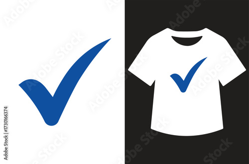 Split-screen vector design with blue checkmark in box on white background and white t-shirt featuring the same symbol on black background. Minimalist, bold, and graphic style.