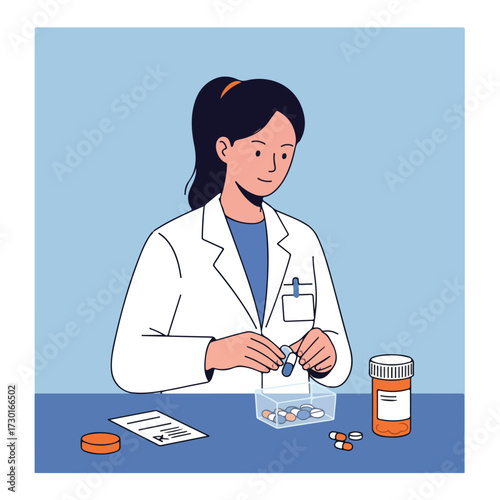 Cartoon of a pharmacist filling a prescription at her work desk