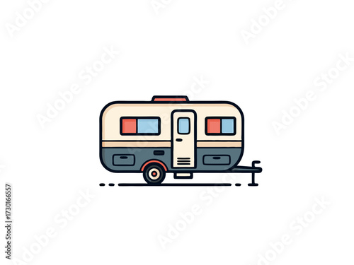 Beige Camping Trailer Illustration with Blue Accents on White Background Detailed Flat Vector Art