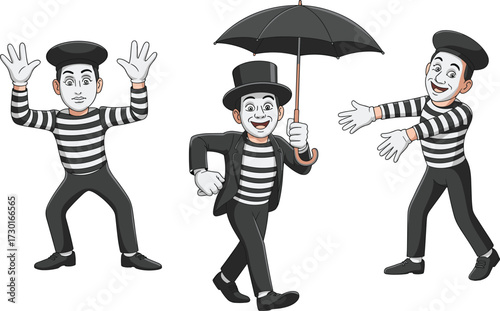 PrintCartoon mime characters, black and white striped costume, mime performance, street theater, pantomime art, expressive gestures, umbrella mime, comedy illustration