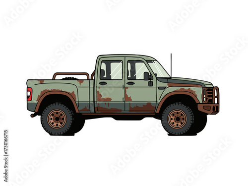 Olive Green Pickup Truck Pixel Art with Rust and Scratches on White Background