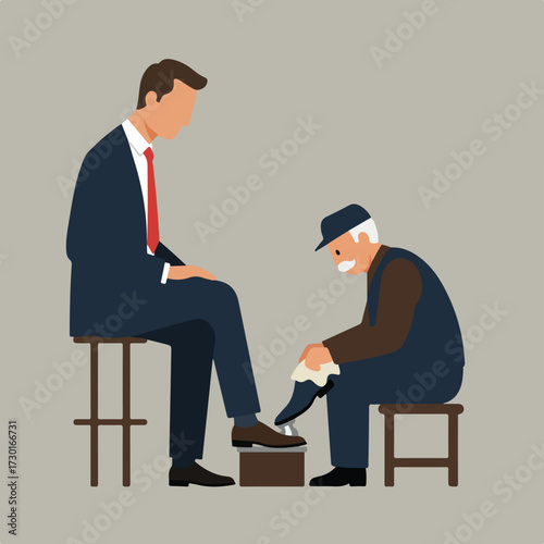 Man in suit getting shoes shined by another man on a light gray background