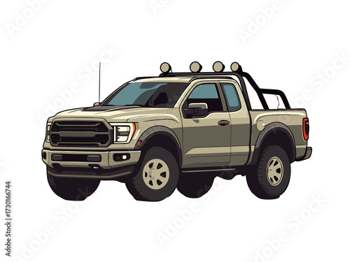 Pixelated Off Road Beige Truck on White Background Digital Illustration