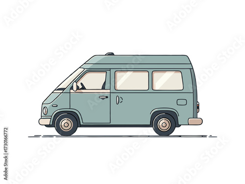 Side View of Light Blue Camper Van in Pixel Art Style on White Background