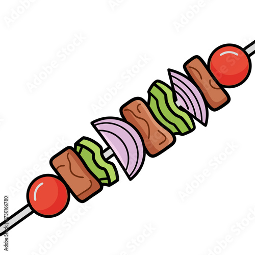 Vibrant Skewer Illustration Featuring Meat Vegetables and Tomatoes Against a White Background