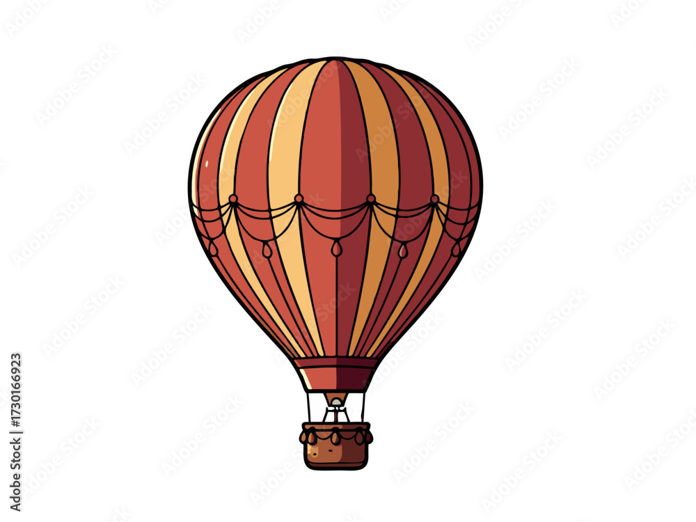 Naklejka premium Isolated Detailed Pixel Art of Red and Beige Striped Hot Air Balloon Against White Background with Shadow Effect and Vintage Basket Design