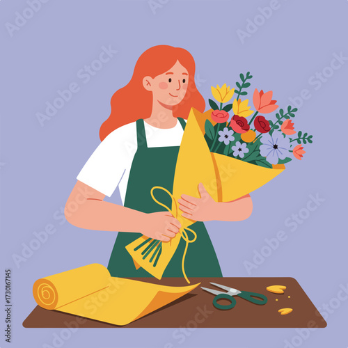 Florist with red hair arranges a bouquet on the table with wrap and scissors