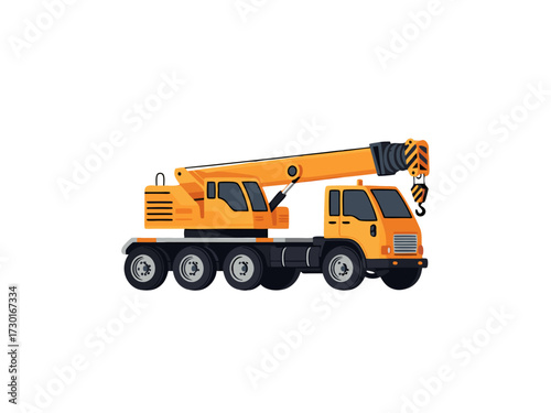 Orange Mobile Crane on White Background Pixel Art Style Heavy Equipment Vehicle Design Isolated Object Construction Machinery