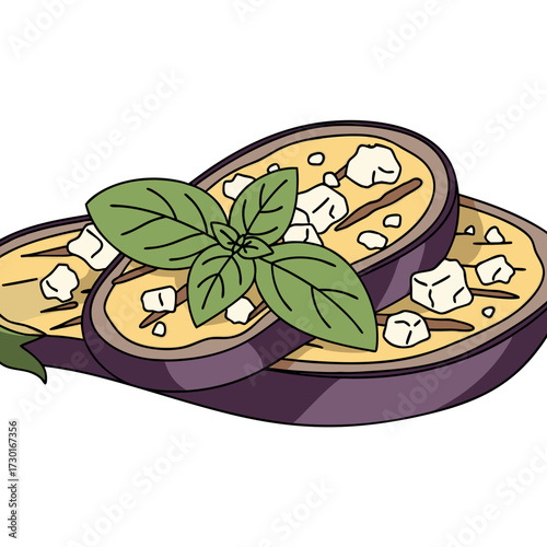 Illustration of Grilled Eggplant Slices Topped with Feta Cheese and Fresh Basil Leaves on Transparent Background