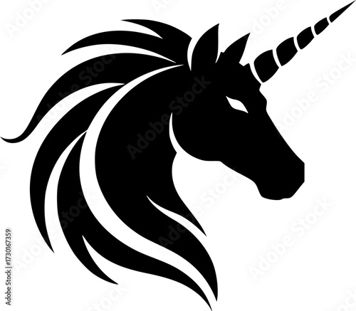 A stylized silhouette of a mythical unicorn head