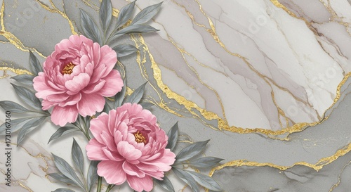 Pink peony wallpaper on gray marble with gold veins — elegant watercolor floral mural for luxury wall decor.