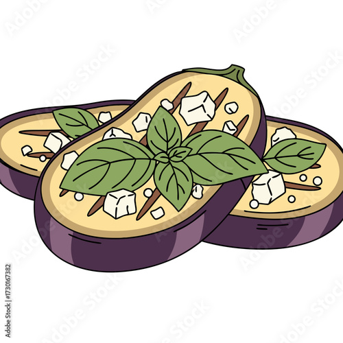 Two Slices of Grilled Eggplant Topped with Feta Cheese and Basil Leaves on Transparent Background