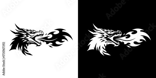 A striking black and white graphic illustration of a dragon's head breathing fire, presented in two mirrored versions.