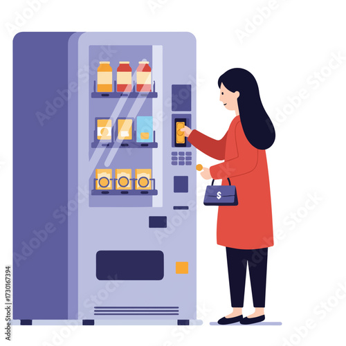 Woman at vending machine inserting coin for drink purchase, purse by her side